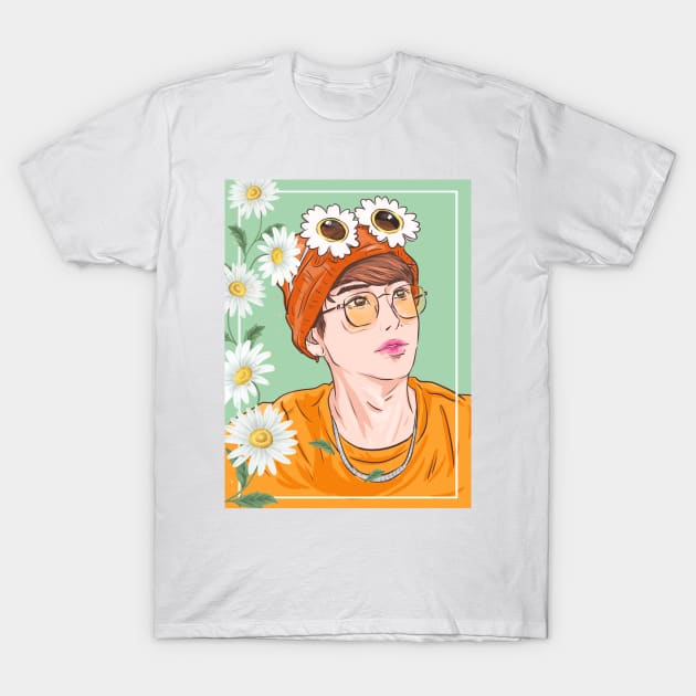 Seunnie in orange with flower frame T-Shirt by Rakusumi Art